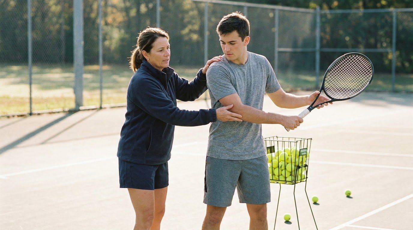 A coach guiding a student's forehand on court