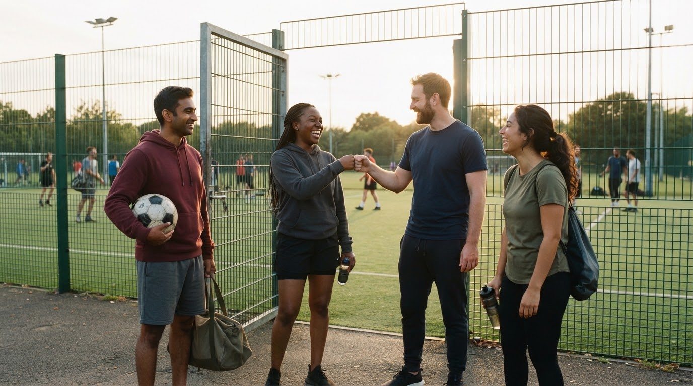 Four friends meeting at the gate of a five-a-side pitch
